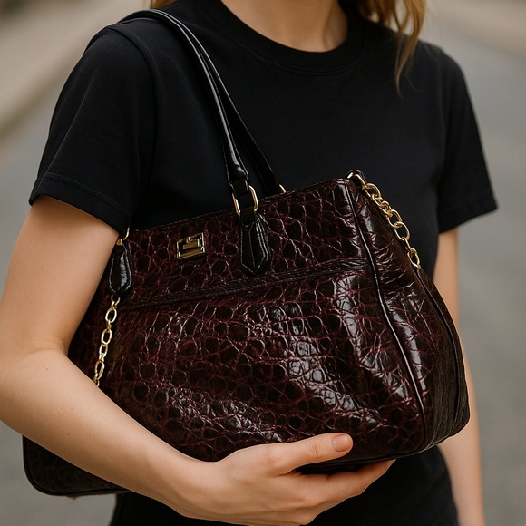 2/$30 Feimina Leather Handbag Shoulder Strap Crocodile Red With Black and Gold - Picture 1 of 10